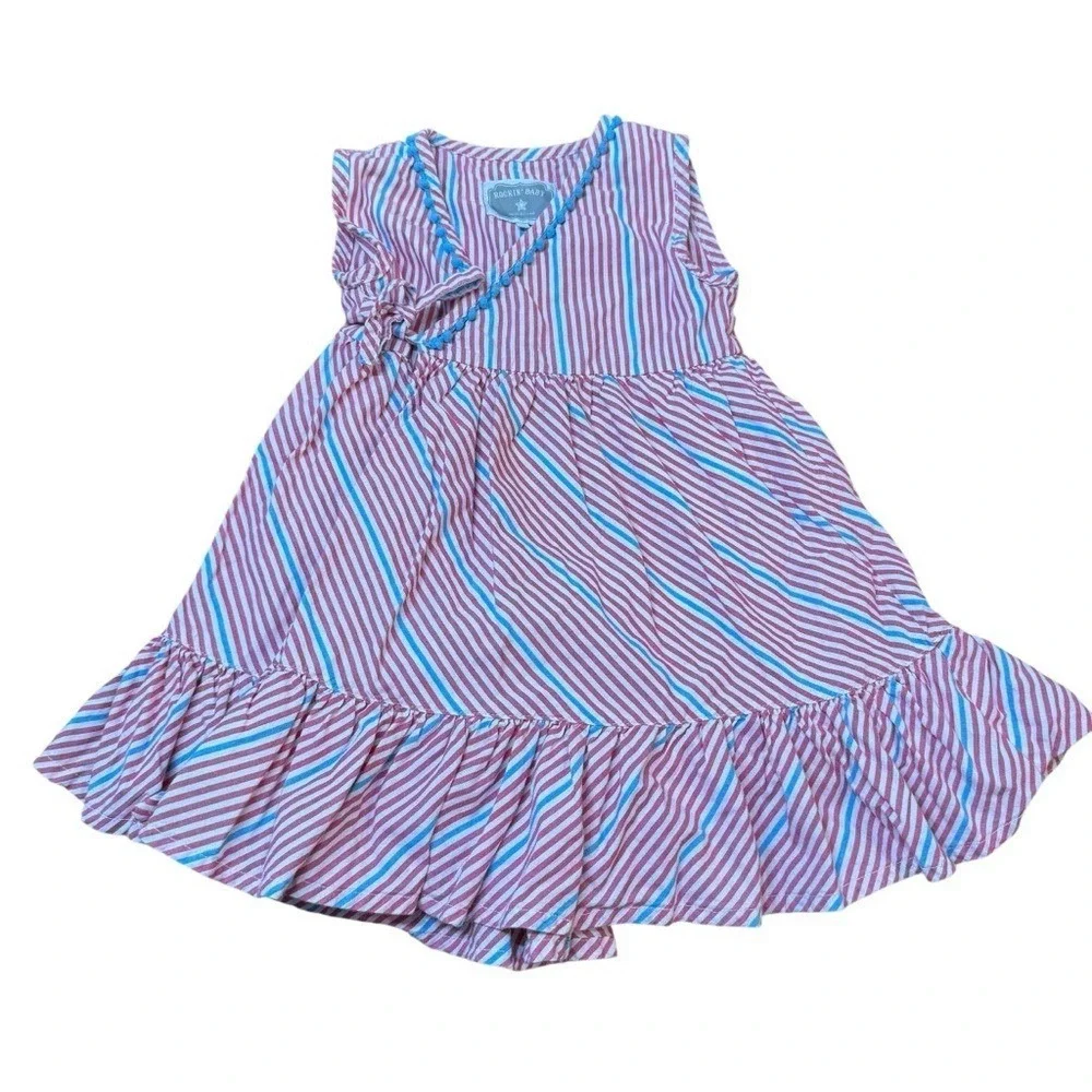 Rockin Baby Pink Blue Stripe Wrap‎ Dress Ruffle Hem Kids Size 2T